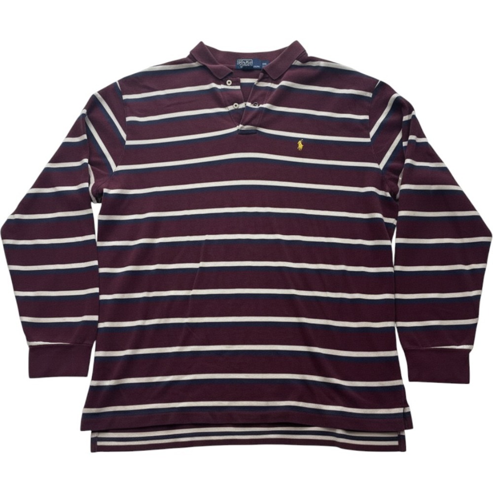 Polo Ralph Lauren Mens XXL Long Sleeve Striped Rugby Shirt Burgundy Navy Cotton